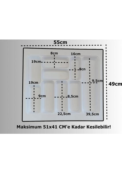 55X49 Cm. 9 Gözlü Beyaz Çekmece Içi Kaşıklık 50*40 Cm'e Kadar Kesebilirsiniz