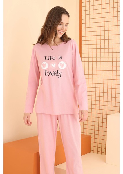 Kadın %100 Pamuklu Penye Pijama Takım, Life Is Lovely Pijama Takımı