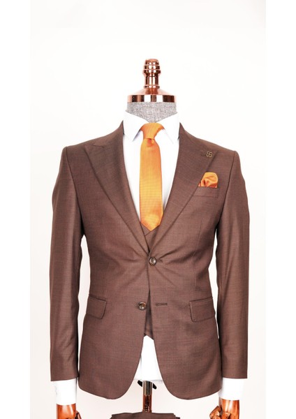 Erkek Kendinden Desenli Kahve Çekirdeği Slim Fit Yelekli Takım Elbise fiyatları
