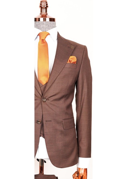 Erkek Kendinden Desenli Kahve Çekirdeği Slim Fit Yelekli Takım Elbise modelleri