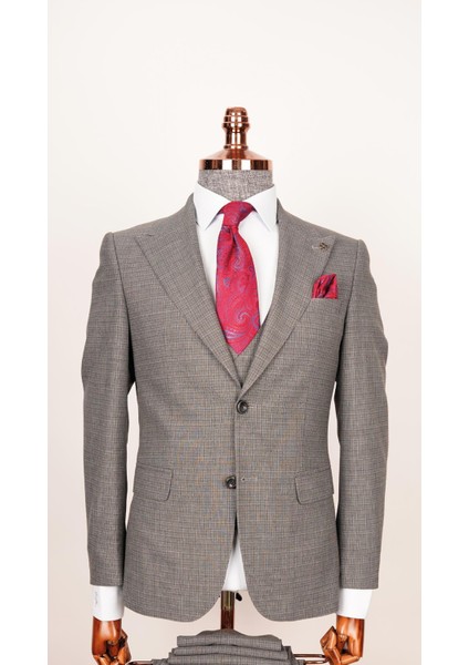 Erkek Piti Kare Gri Slim Fit Yelekli Takım Elbise fiyatları