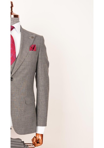 Erkek Piti Kare Gri Slim Fit Yelekli Takım Elbise modelleri