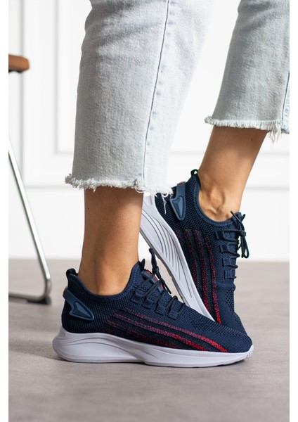 Lacivert Kırmızı Unisex Yıkanabilir Rahat Hava Alabilen Kokusuz Triko Spor Ayakkabı Sneaker 015