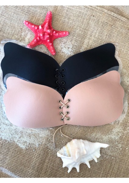 2’li Paket Askısız Kelebek Sütyen Seti | Siyah ve Ten Dolgun Gösteren Dikişsiz Silikonlu