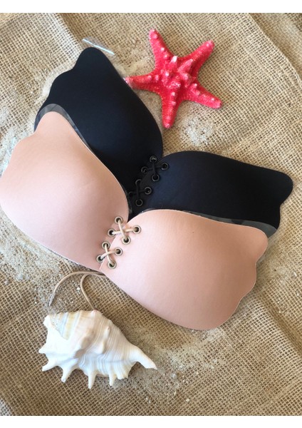 2’li Paket Askısız Kelebek Sütyen Seti | Siyah ve Ten Dolgun Gösteren Dikişsiz Silikonlu modelleri