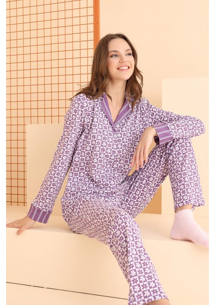 Kare Desen Içi Papatyalı Kadın Pijama Takım, %100 Pamuklu Gömlek Pijama Set