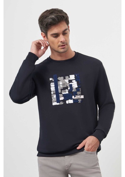 Erkek Lacivert Trend Bisiklet Yaka Sweat-Shirt