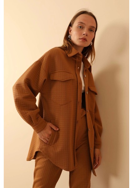 Kapitone Kumaş Gömlek Yaka Düğmeli Kadın Ceket-Taba modelleri