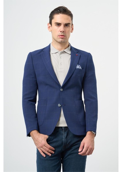 Koyu Lacivert Kareli Mono Yaka Likralı 6 Drop Ekstra Slim Fit Casual Ceket 1002240156