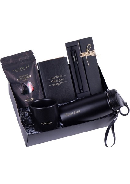 Isme Özel Mat Siyah Kupa Ajanda Kalem Matara Draje Premium Hediye Seti