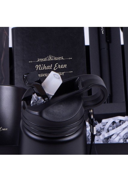 Isme Özel Mat Siyah Kupa Ajanda Kalem Matara Draje Premium Hediye Seti modelleri