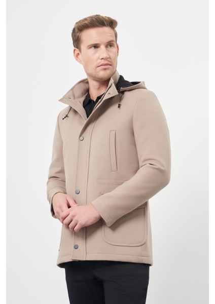 Taş Rengi Kaşe Dik Yaka Astarlı Slim Fit Dar Kesim Klasik Kaban 1008245272