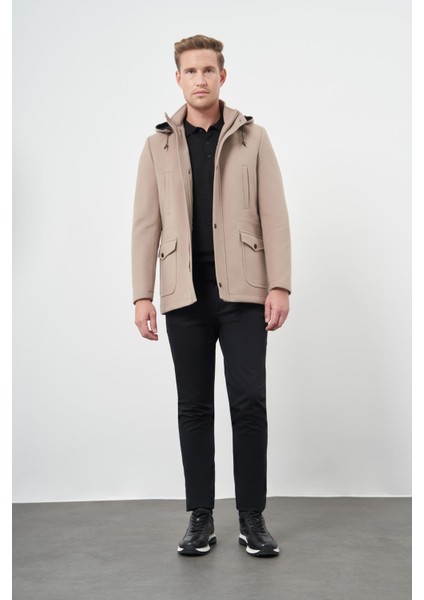 Taş Rengi Kaşe Dik Yaka Astarlı Slim Fit Dar Kesim Klasik Kaban 1008245272