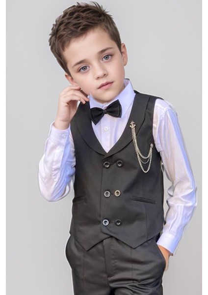Erkek Çocuk Cepken Yelekli Şal Yaka Siyah Takım Elbise 5-9 Yaş modelleri