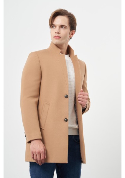 Camel Kaşe Dik Yaka Kapitoneli Astar Slim Fit Dar Kesim Klasik Kaban 1008245171 modelleri