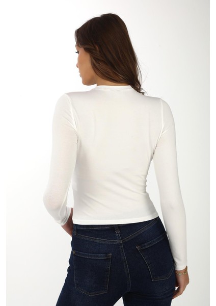 Likralı Pamuk Tişört-Slim Fit -Krem indirimleri