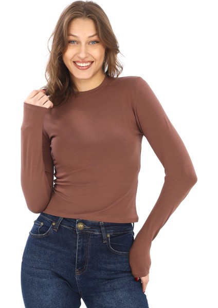 Likralı Pamuk Tişört-Slim Fit -Açık Kahve