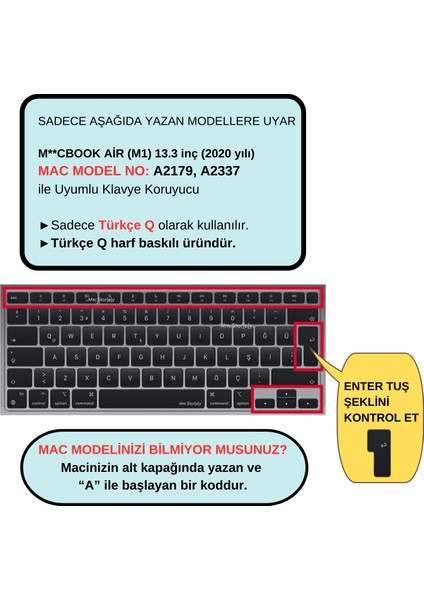 Macbook Air M1 13 inç Klavye Koruyucu (Türkçe Q) (TouchID'li Air 13.3") A2179 A2337 ile Uyumlu R.Powder