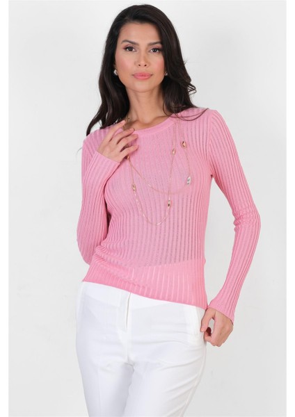 Clicerio Bisiklet Yaka Fitilli Ajurlu Triko Pembe