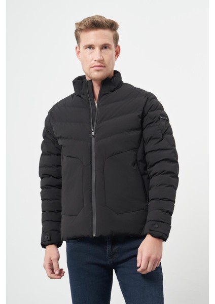 Siyah Dolumlu Hakim Yaka Slim Fit Dar Kesim Klasik Mont 1007245153
