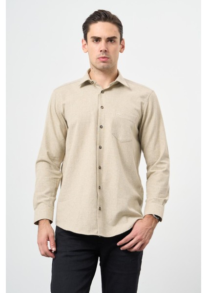 Açık Bej Uzun Kol Düz Gabardin Sert Yaka Cepli Pamuklu Classic Comfort Fit Gömlek 1004245168