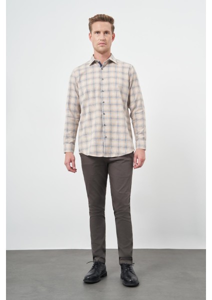 Turuncu Uzun Kol Ekose Desen Gabardin Cepsiz Pamuklu Classic Comfort Fit Gömlek 1004245165 modelleri