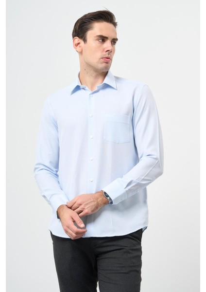 Mavi Uzun Kol Kendinden Cepli Pamuklu Classic Comfort Fit Gömlek 1004245213