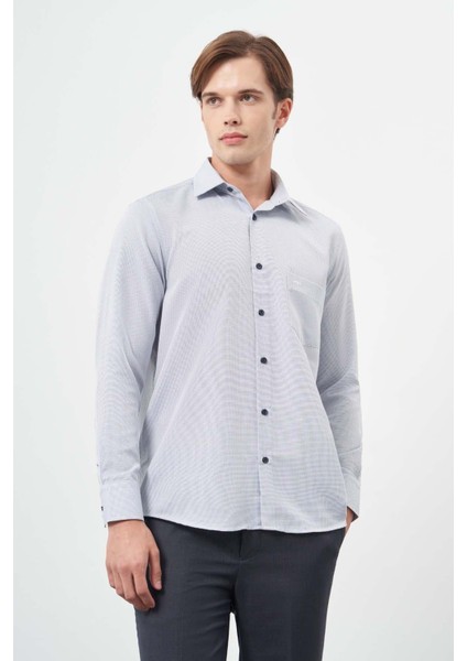 Koyu Lacivert Uzun Kol Kendinden Cepli Pamuklu Classic Comfort Fit Gömlek 1004245213