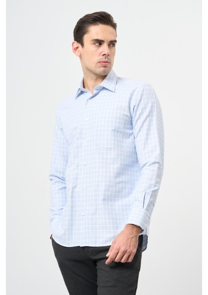 Koyu Mavi Uzun Kol Kareli Desen Cepli Pamuklu Classic Comfort Fit Gömlek 1004245162 modelleri