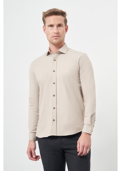 Bej Uzun Kol Düz Bez Ayağı Yarım İtalyan Yaka Cepsiz Pamuklu Classic Slim Fit Gömlek 1004245211