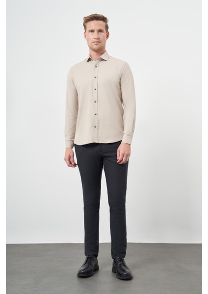 Bej Uzun Kol Düz Bez Ayağı Yarım İtalyan Yaka Cepsiz Pamuklu Classic Slim Fit Gömlek 1004245211 fiyatları