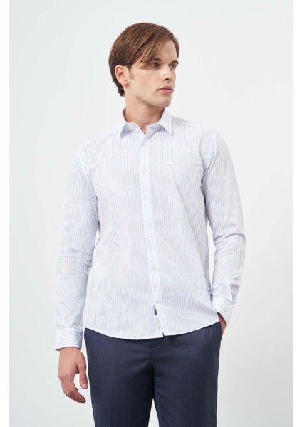 Beyaz Uzun Kol Çizgili Desen Bez Ayağı Sert Yaka Cepsiz %100 Pamuk Classic Slim Fit Gömlek 1004245209