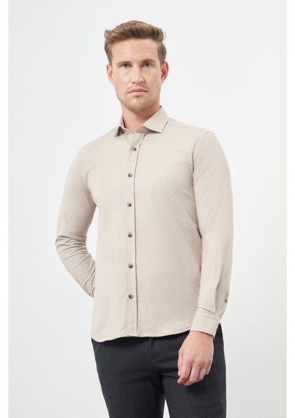 Bej Uzun Kol Düz Bez Ayağı Yarım İtalyan Yaka Cepsiz Pamuklu Classic Slim Fit Gömlek 1004245211 modelleri