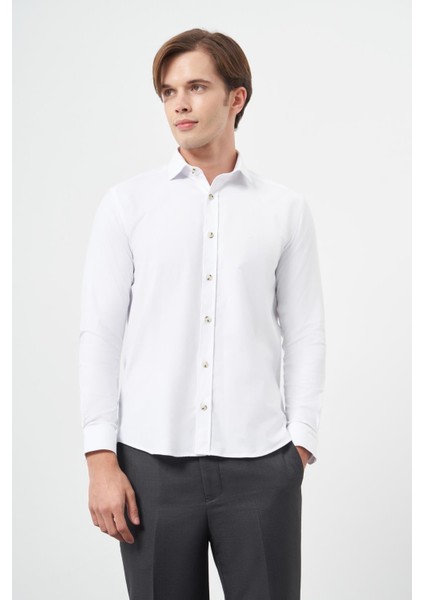 Bej Uzun Kol Düz Bez Ayağı Yarım Italyan Yaka Cepsiz Pamuklu Classic Slim Fit Gömlek 1004245211