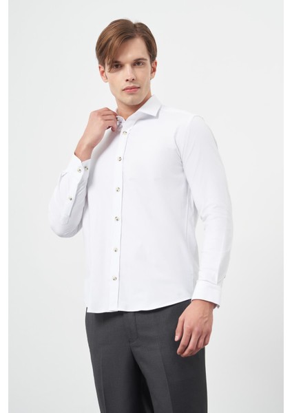 Bej Uzun Kol Düz Bez Ayağı Yarım Italyan Yaka Cepsiz Pamuklu Classic Slim Fit Gömlek 1004245211