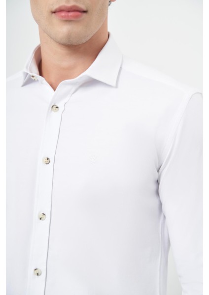 Bej Uzun Kol Düz Bez Ayağı Yarım Italyan Yaka Cepsiz Pamuklu Classic Slim Fit Gömlek 1004245211