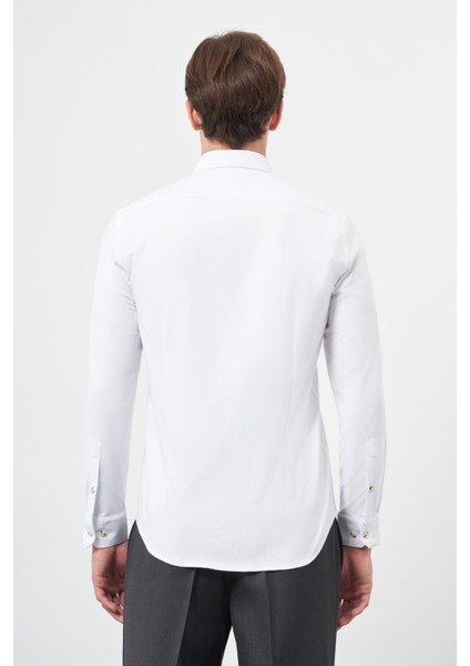 Bej Uzun Kol Düz Bez Ayağı Yarım Italyan Yaka Cepsiz Pamuklu Classic Slim Fit Gömlek 1004245211