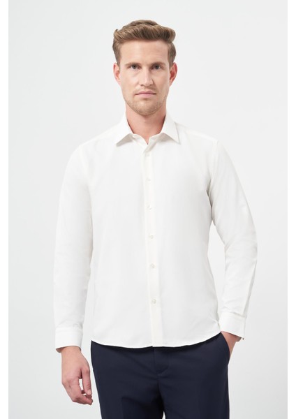 Açık Krem Uzun Kol Düz Bez Ayağı Sert Yaka Cepsiz Pamuklu Classic Slim Fit Gömlek 1004245267