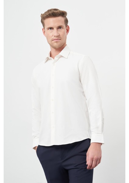Açık Krem Uzun Kol Düz Bez Ayağı Sert Yaka Cepsiz Pamuklu Classic Slim Fit Gömlek 1004245267 modelleri