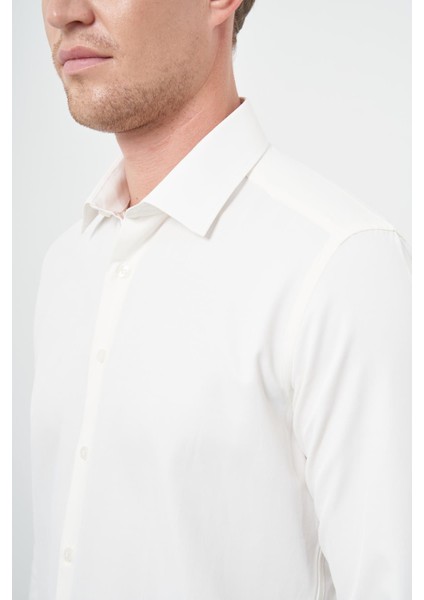 Açık Krem Uzun Kol Düz Bez Ayağı Sert Yaka Cepsiz Pamuklu Classic Slim Fit Gömlek 1004245267 fırsatları