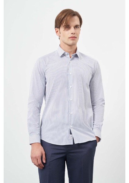 Beyaz Uzun Kol Çizgili Desen Gabardin Sert Yaka Cepsiz Pamuklu Classic Slim Fit Gömlek 1004245207 fiyatları