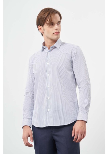 Beyaz Uzun Kol Çizgili Desen Gabardin Sert Yaka Cepsiz Pamuklu Classic Slim Fit Gömlek 1004245207 indirimleri