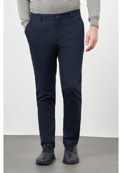 Koyu Lacivert Düz Armürlü Pamuklu Yan Cep Comfort Fit Casual Pantolon 1003245164