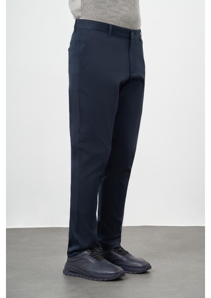 Koyu Lacivert Düz Armürlü Pamuklu Yan Cep Comfort Fit Casual Pantolon 1003245164