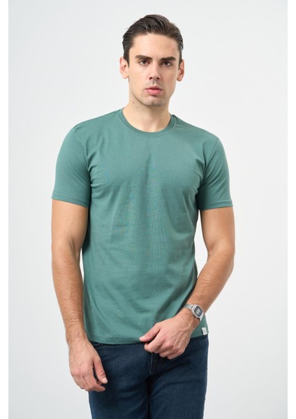 Haki Kısa Kol Düz Bez Ayağı Bisiklet Yaka Casual Slim Fit Tişört 1011245193