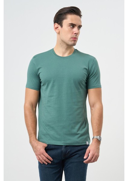 Haki Kısa Kol Düz Bez Ayağı Bisiklet Yaka Casual Slim Fit Tişört 1011245193