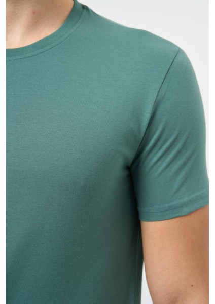 Haki Kısa Kol Düz Bez Ayağı Bisiklet Yaka Casual Slim Fit Tişört 1011245193