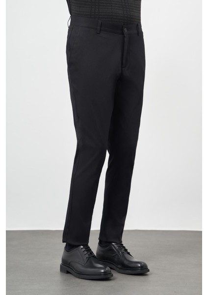 Koyu Lacivert Düz Armürlü Pamuklu Yan Cep Comfort Fit Casual Pantolon 1003245164