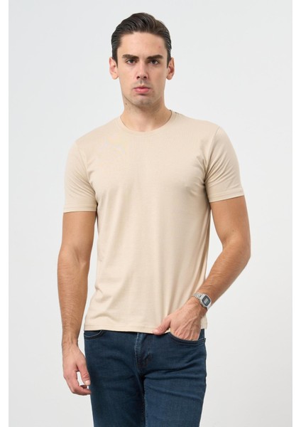 Bej Kısa Kol Düz Bez Ayağı Bisiklet Yaka Casual Slim Fit Tişört 1011245193