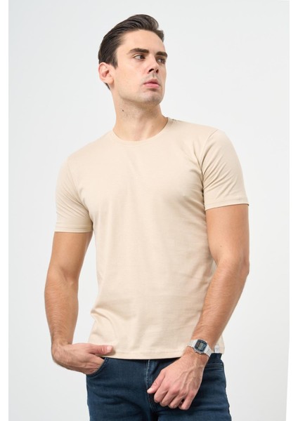 Bej Kısa Kol Düz Bez Ayağı Bisiklet Yaka Casual Slim Fit Tişört 1011245193